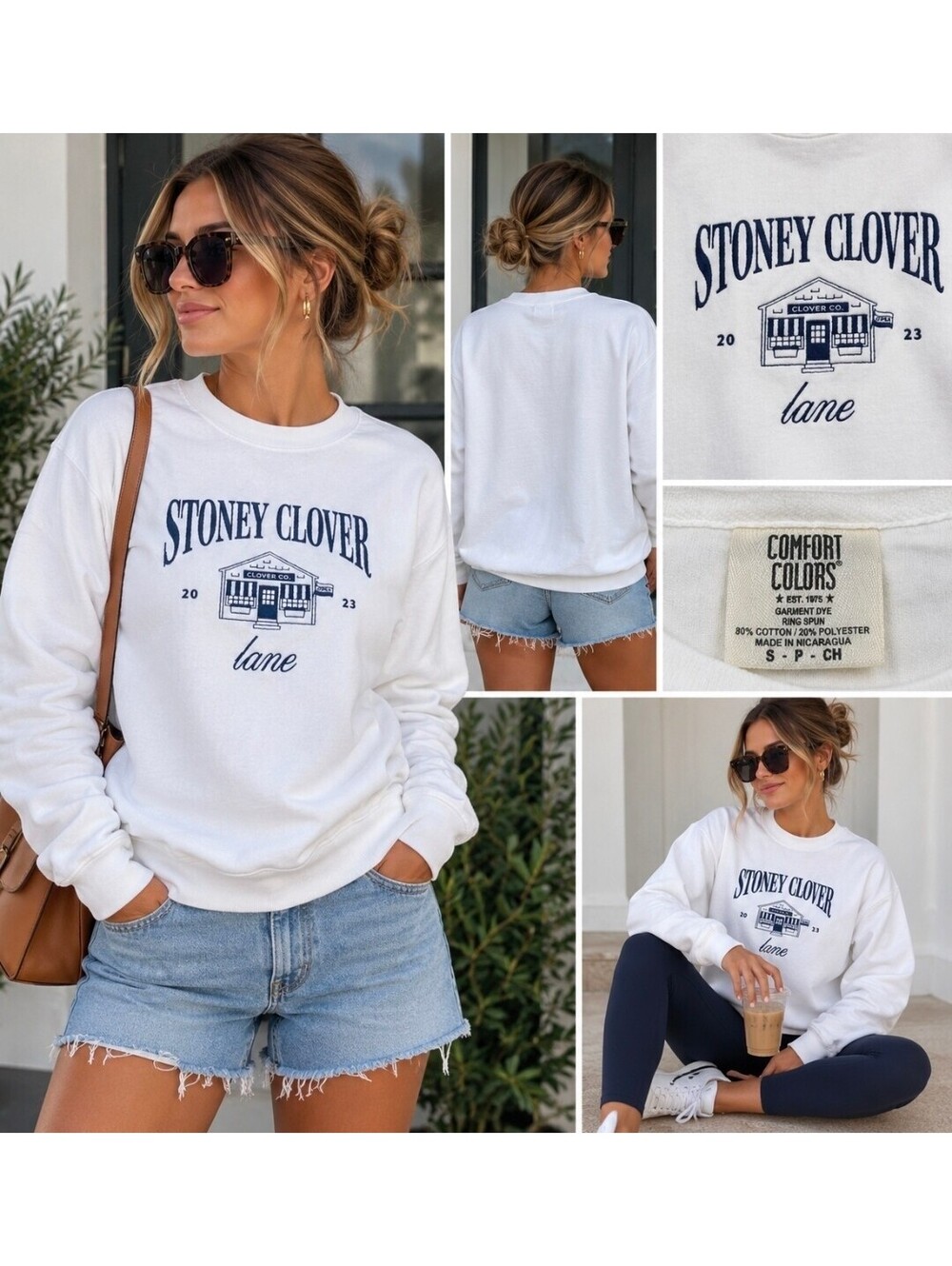 Stoney Clover Lane Comfort Colors Sweatshirt Small White Embroidered Logo 2023